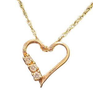 Vintage 14k Yellow Gold Diamond Open Heart Valentines Necklace NOS